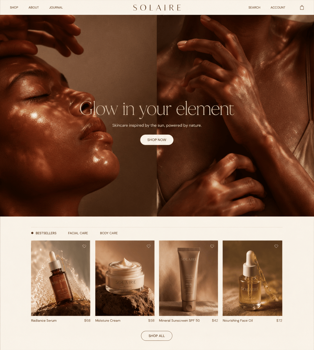 Solaire Skincare storefront homepage built by Runner AI