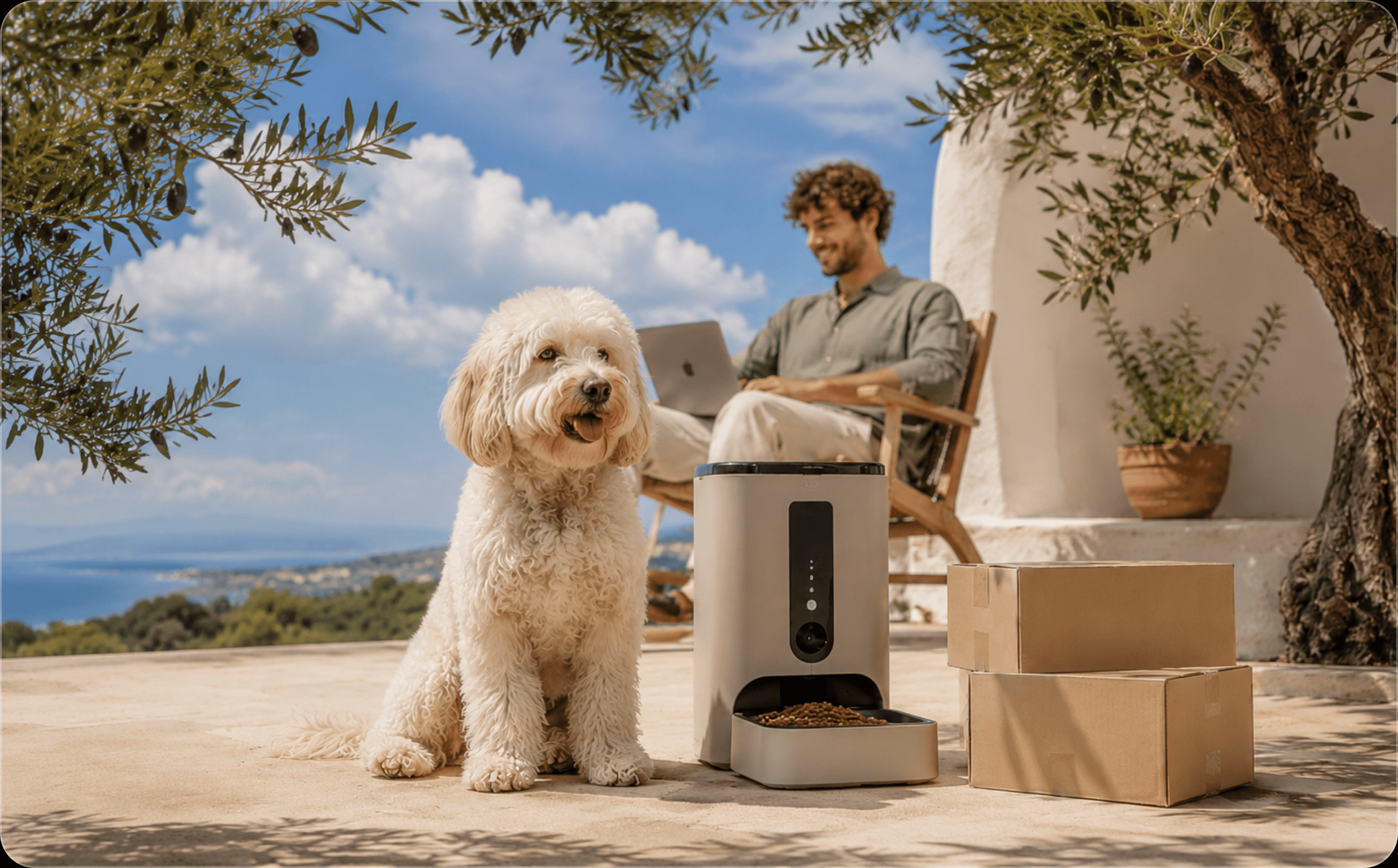 Een slimme automatische hondenvoerbak in een warme mediterraan geïnspireerde webshop