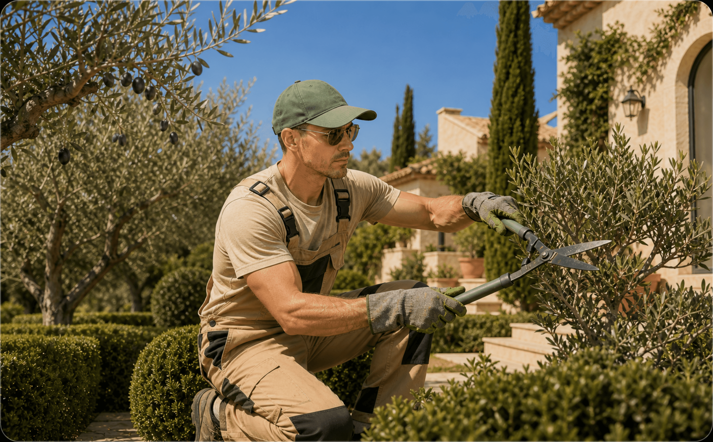 Een hovenier snoeit een formele tuin bij een mediterraan huis