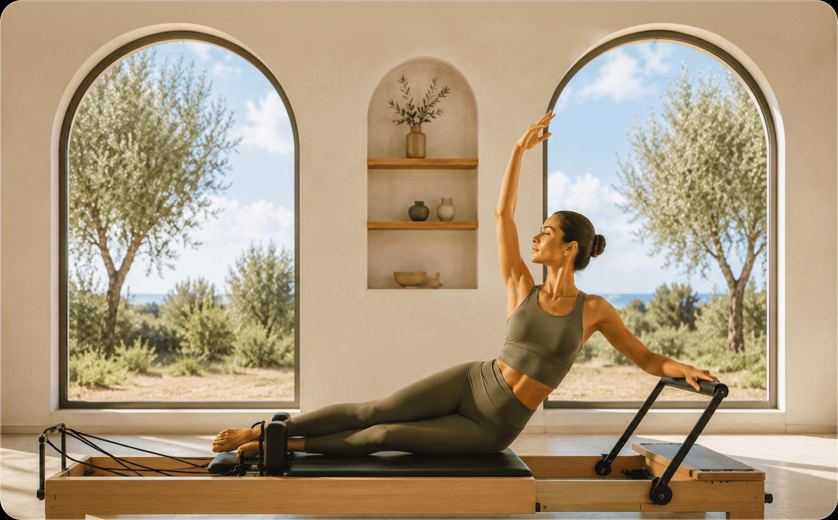 Een pilatesinstructeur rekt zich uit op een reformer in een lichte mediterrane studio