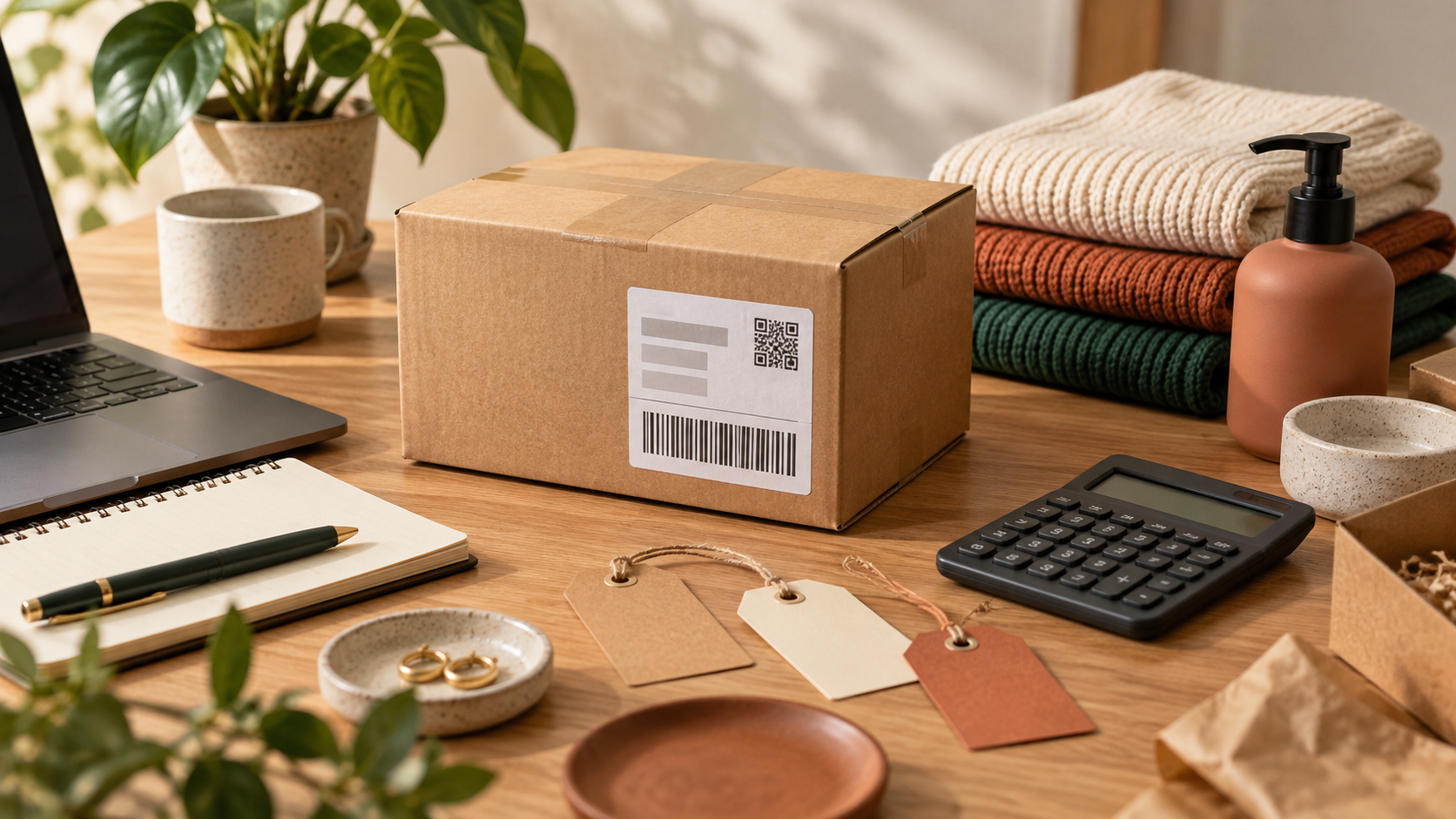 Editorial ecommerce scene with a shipping box, product tags, and a calculator