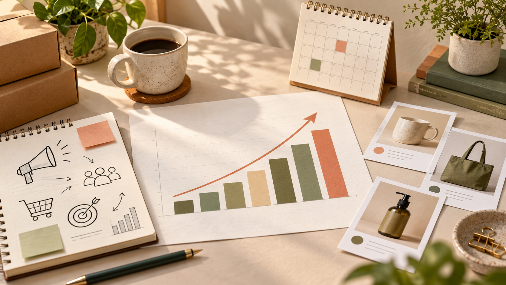 Editorial marketing scene with a growth chart, campaign notes, and product photos