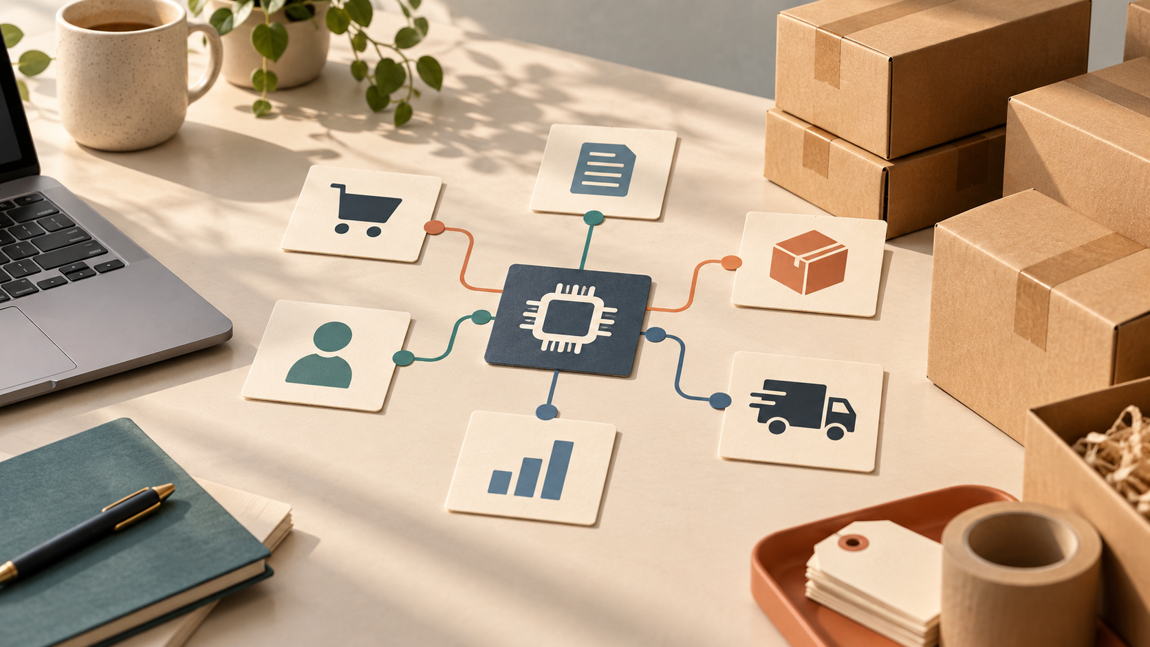 Editorial systems scene with connected workflow cards, a laptop, and shipping boxes