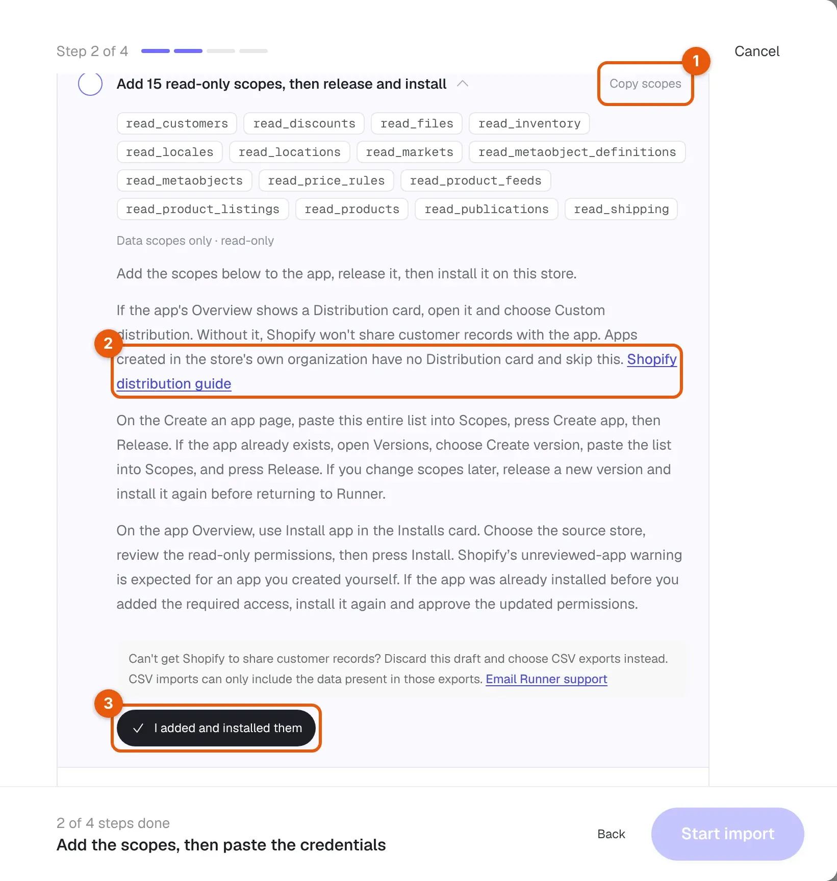 Engelse annotaties: de 15 alleen-lezen scopes, Scopes kopiëren, Shopify-handleiding voor distributie en Ik heb ze toegevoegd en geïnstalleerd