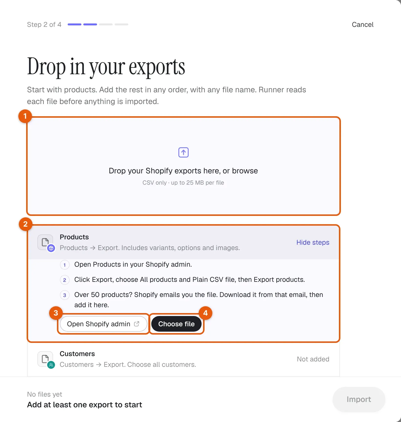 Engelse annotaties: dropzone, de exportstappen voor Producten, Shopify-beheer openen en Bestand kiezen