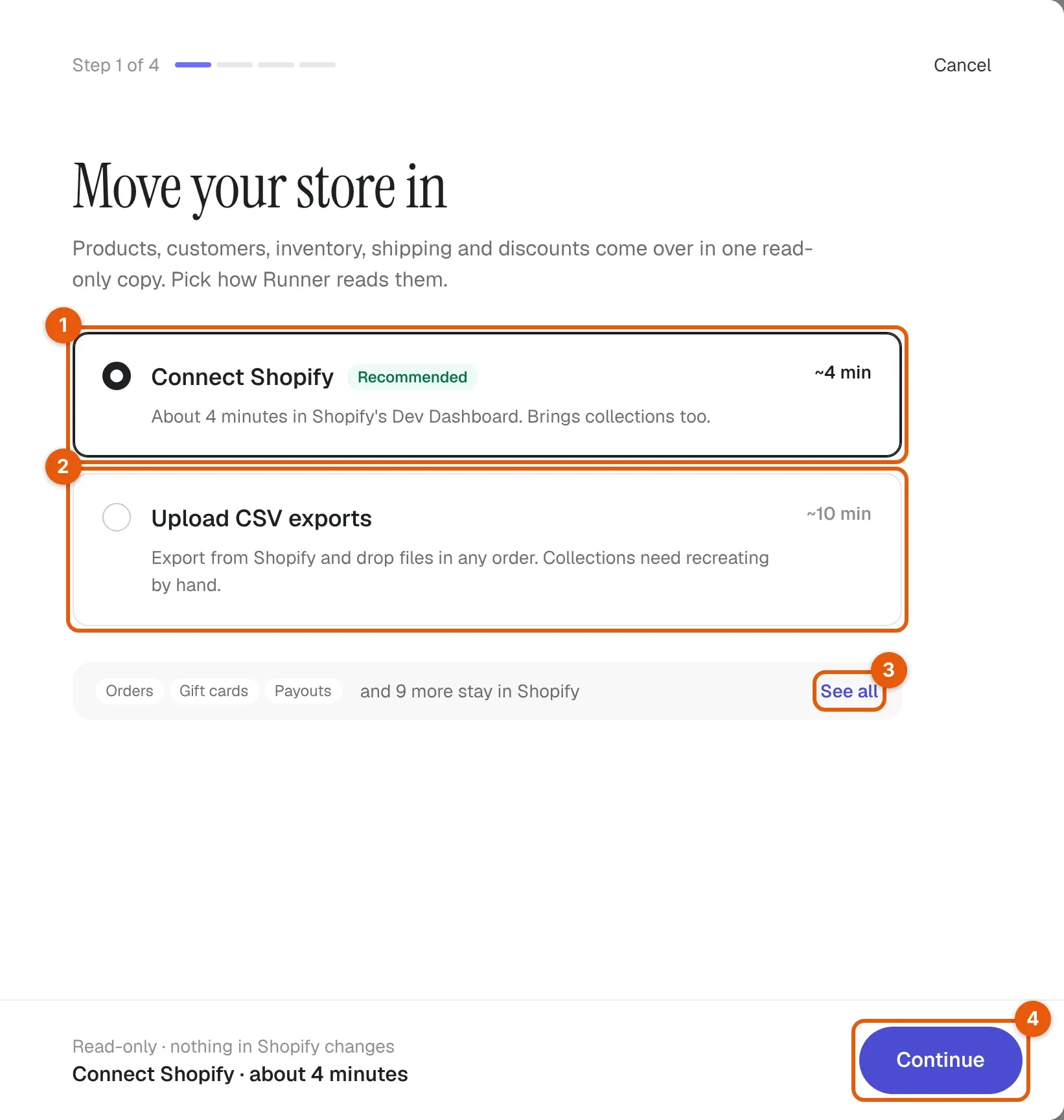Engelse annotaties: Verhuis je winkel, met de keuzes Shopify koppelen en CSV-exports uploaden