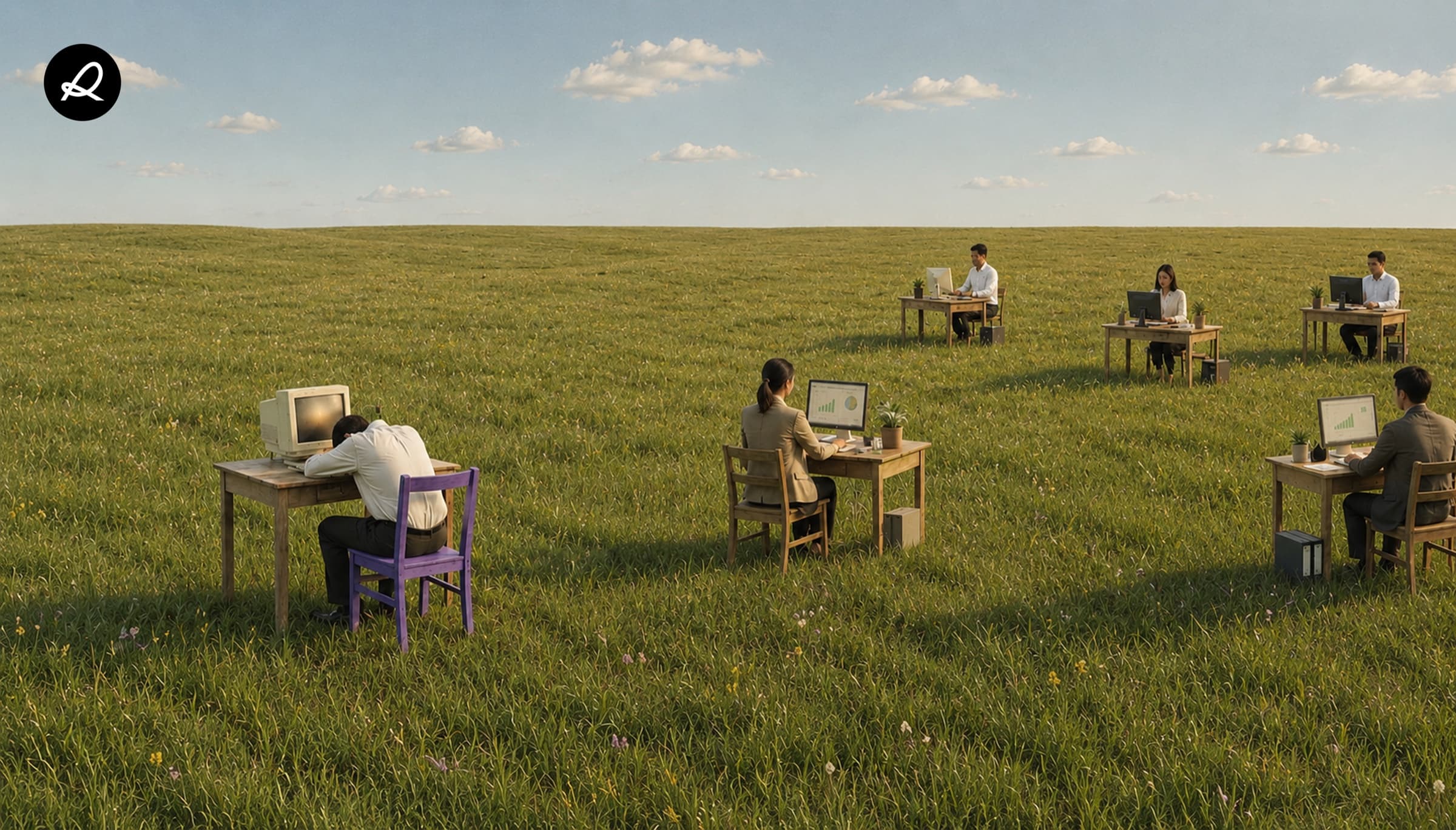 Runner AI logo over a field with distributed agents working from desks